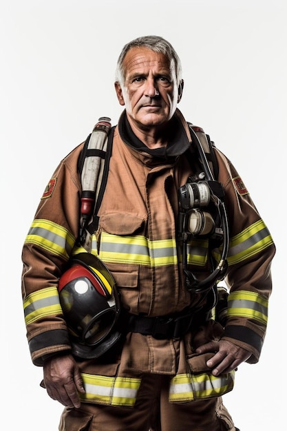 Foto um bombeiro vestindo um uniforme de bombeiro e um uniforme de firefighter