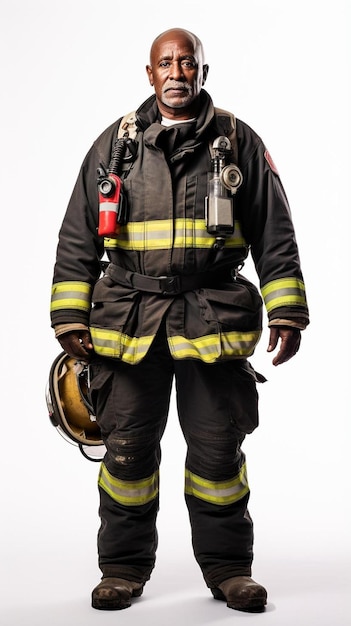 um bombeiro vestindo um uniforme de bombeiro e uma mangueira de incêndio