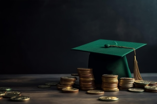 Um boné de formatura verde está sobre uma mesa com pilhas de moedas de ouro.