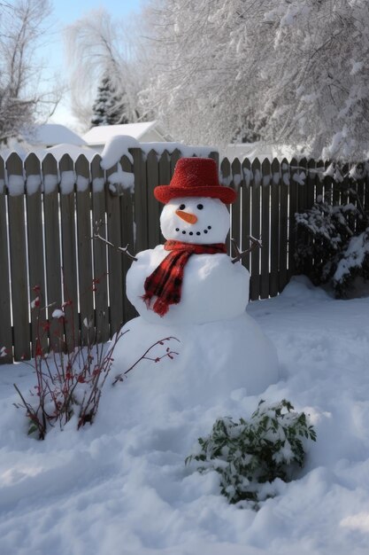 Foto um boneco de neve com chapéu e cachecol em um quintal