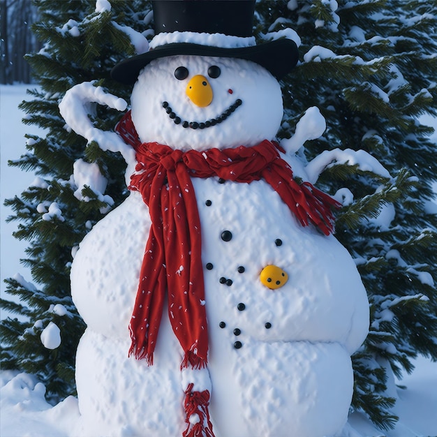 um boneco de neve com chapéu e lenço no pescoço