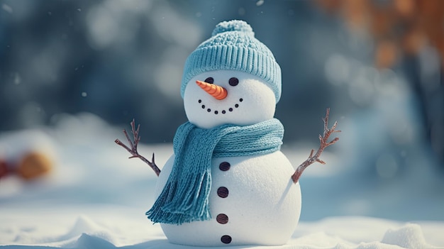 Um boneco de neve com gorro e cachecol