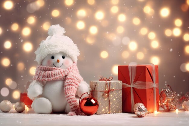 um boneco de neve com um chapéu e um presente de Natal