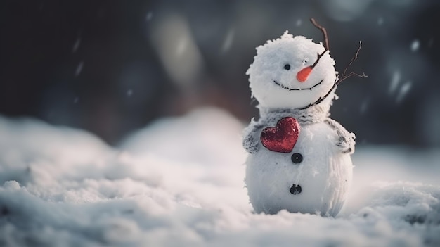 Um boneco de neve com um coração na cabeça