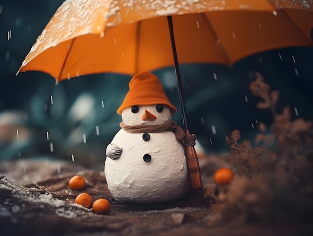 Um boneco de neve com um guarda-chuva laranja e um chapéu está sob um guarda-chuva laranja.