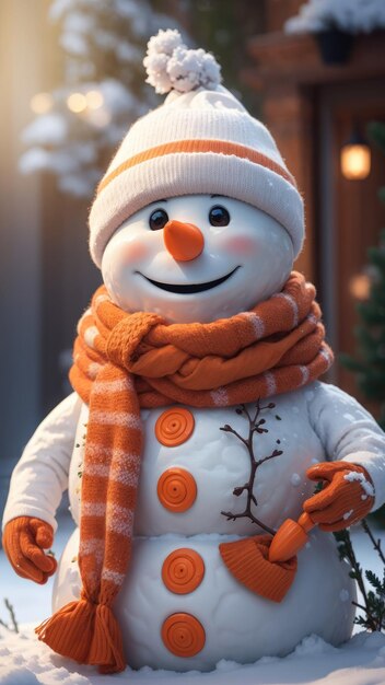 Foto um boneco de neve com um nariz de cenoura e um lenço aconchegante.