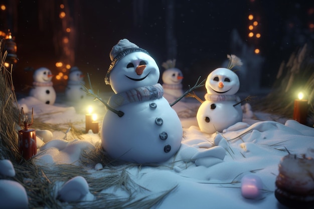 Um boneco de neve em uma cena de neve com uma árvore de natal e luzes