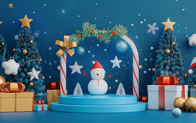Um boneco de neve está sentado na frente de uma árvore de Natal