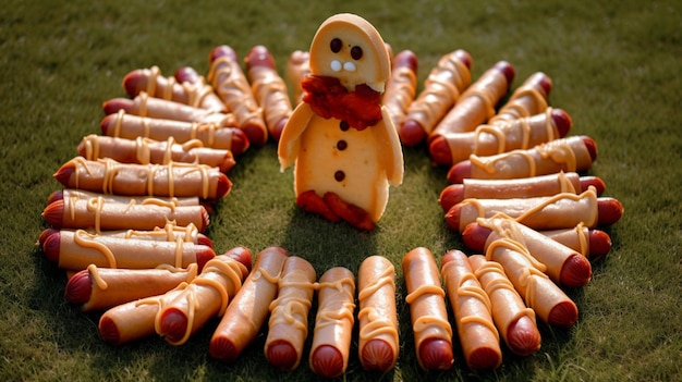Um boneco de neve feito de cachorros-quentes está cercado por outros cachorros-quentes.