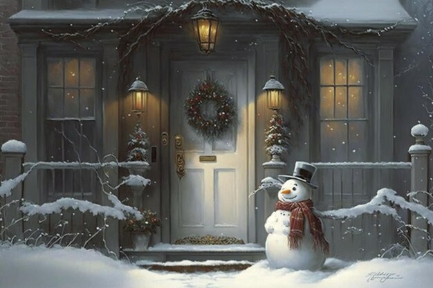 Um boneco de neve na frente de uma casa com uma coroa de flores na porta