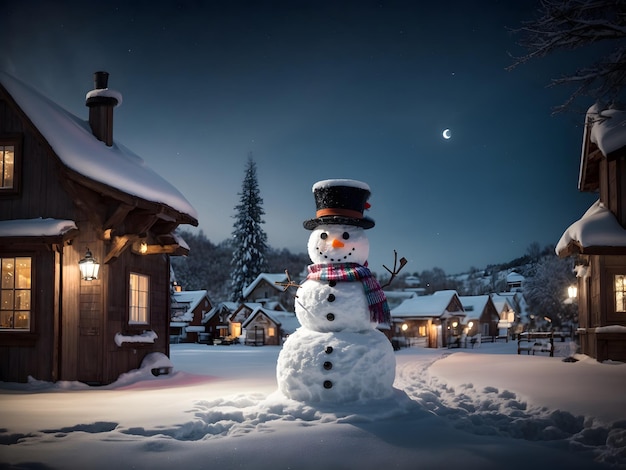 Um boneco de neve no campo de neve com decorações de Natal