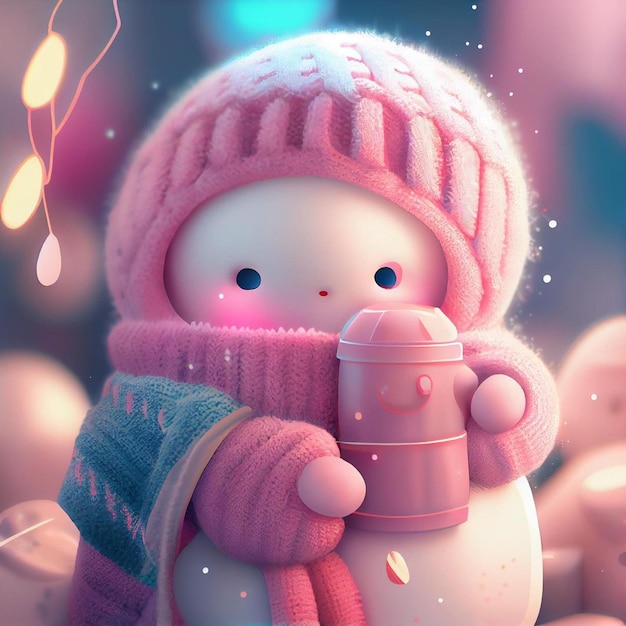 Um boneco de neve rosa com um chapéu rosa e cachecol segura um copo rosa.