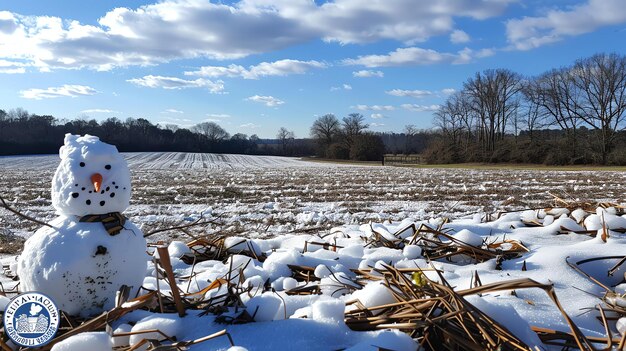 Foto um boneco de neve solitário está em um campo coberto de neve o boneca de neve é feito de duas bolas de neve e tem uma cenoura para o nariz e dois pedaços de carvão para os olhos