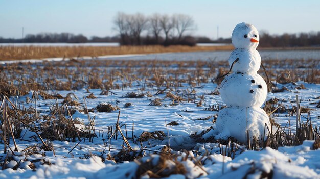 Foto um boneco de neve solitário está em um campo coberto de neve o boneco de neve é feito de duas bolas de neve e tem uma cenoura por nariz o campo está coberto por neve