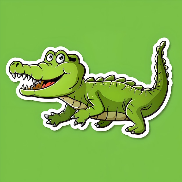 Um bonito adesivo de desenho animado de crocodilo em fundo verde
