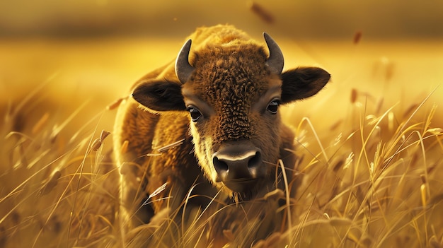 Um bonito bebê de bisonte de pé em um campo dourado de trigo O bisonte está olhando para a câmera com uma expressão curiosa