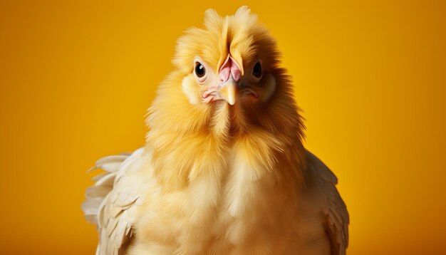 Foto um bonito bebê de frango com penas amarelas de pé na grama gerada pela inteligência artificial