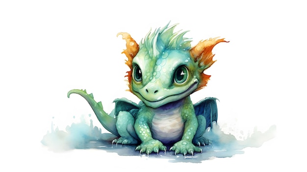 Um bonito bebê dragão verde sentado isolado em uma IA generativa branca.