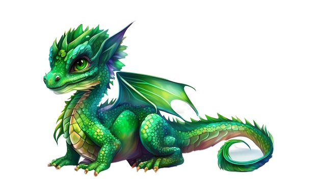 Um bonito bebê dragão verde sentado isolado em uma IA generativa branca.