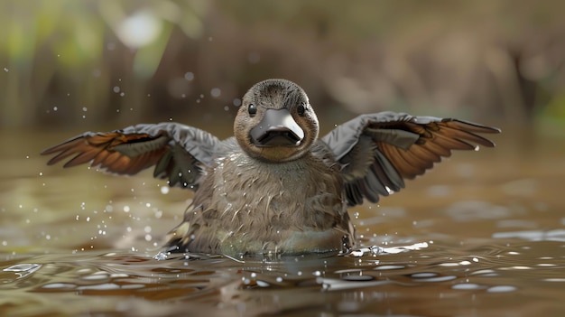 Foto um bonito bebé pato está a brincar na água está a bater as asas e a salpicar água o patinho é castanho e branco com um bico amarelo