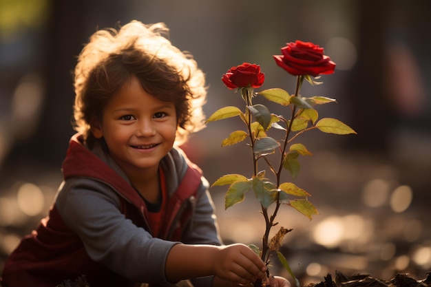 Um bonito bebê planta árvore para o programa da escola