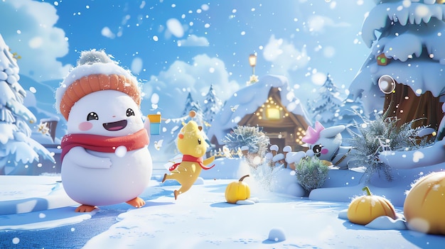 Um bonito boneco de neve e seus amigos estão brincando na neve. Eles estão fazendo uma luta de bolas de neve e construindo um boneco de neve.