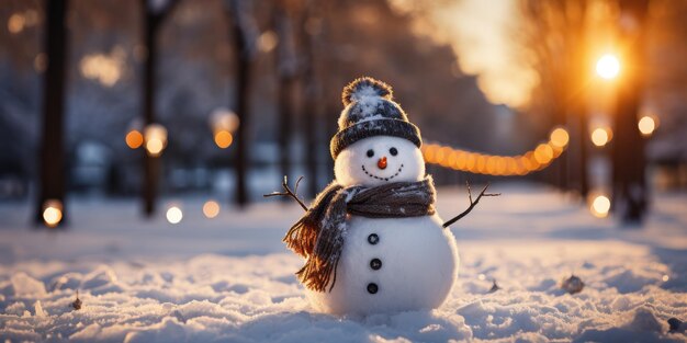 Foto um bonito boneco de neve sorridente na maior da neve com um fundo bokeh uma árvore de natal e casa da montanha é um fundo desfocado ia generativa