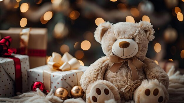 Um bonito brinquedo de ursinho de pelúcia embrulhado em decoração caseira de Natal AI Generative