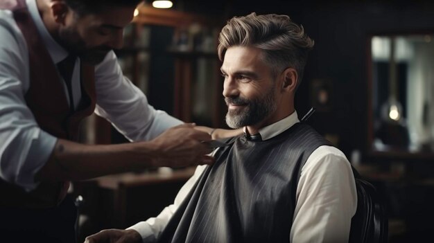 Um bonito cabeleireiro a cortar o cabelo de um cliente masculino, um cabeleireireiro a servir um cliente numa barbearia.