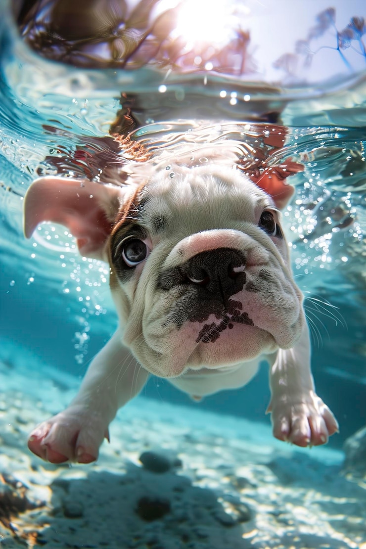 Foto um bonito cachorrinho de bulldog a nadar a desfrutar do sol de verão e
