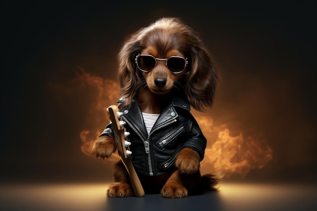 Um bonito cachorrinho de Dachshund vestido como uma estrela do rock com 00163 00