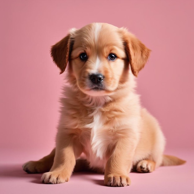 Um bonito cachorro de golden retriever sentado em um fundo rosa