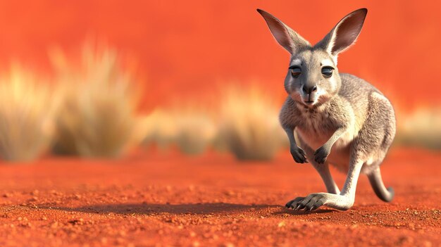 Foto um bonito canguru saltando pelo vasto deserto vermelho da austrália