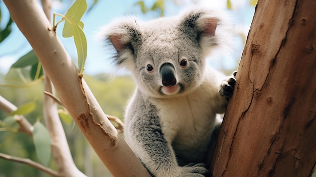 Um bonito coala agarra-se a uma árvore o seu olhar curioso convidando os espectadores para o seu habitat natural ideal para a conservação da vida selvagem e material educacional