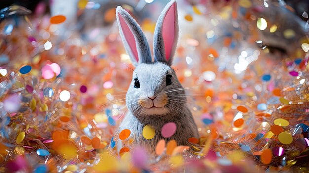 Foto um bonito coelho cinzento senta-se numa pilha de confetes coloridos a imagem perfeita para a primavera da páscoa ou qualquer outra ocasião festiva