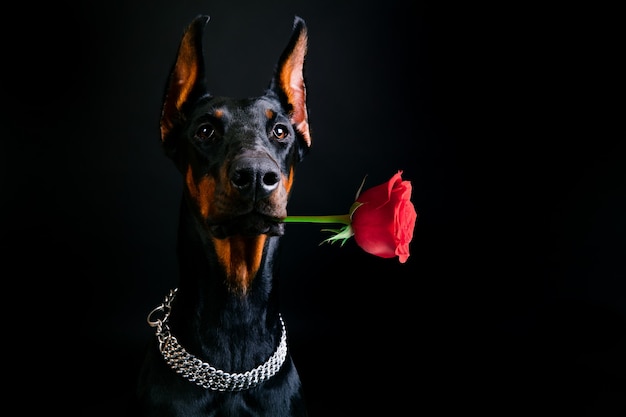 Um bonito doberman segura uma rosa escarlate em seus dentes em um fundo preto. Parabéns pelo dia internacional da mulher