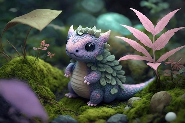 Um bonito dragão bebê com cor pastel de pé na floresta pacífica conceito de arte CG