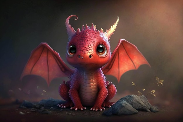 Um bonito e adorável bebê dragão vermelho com um conceito de arte em CG.