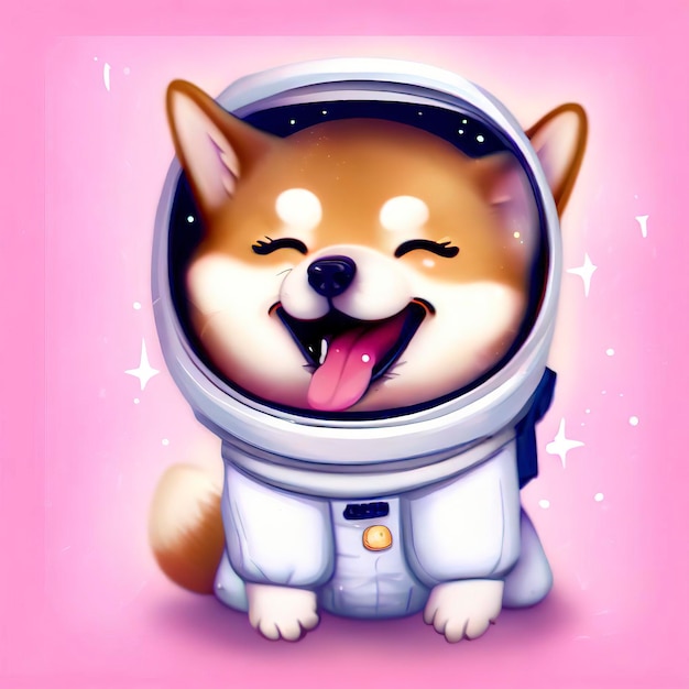 Um bonito e feliz astronauta Shiba Inu em um fundo rosa arte digital