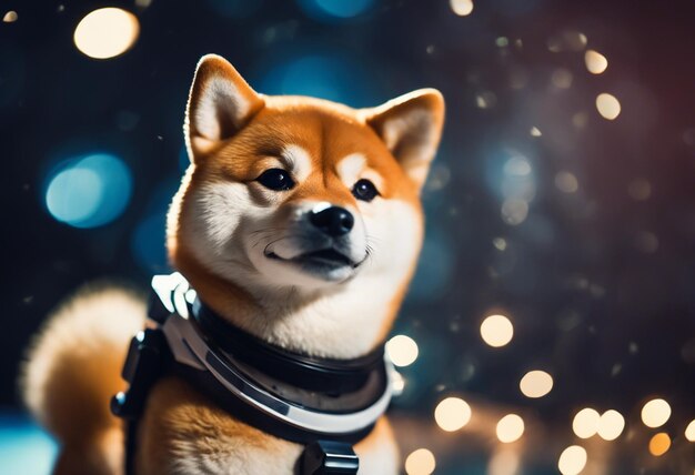 Foto um bonito e feliz astronauta shiba inu.