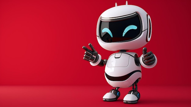 Foto um bonito e feliz robô de desenho animado 3d com um corpo azul e grandes olhos expressivos de pé em um fundo vermelho limpo