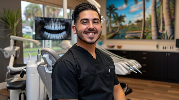 Um bonito e sorridente higienista dental.