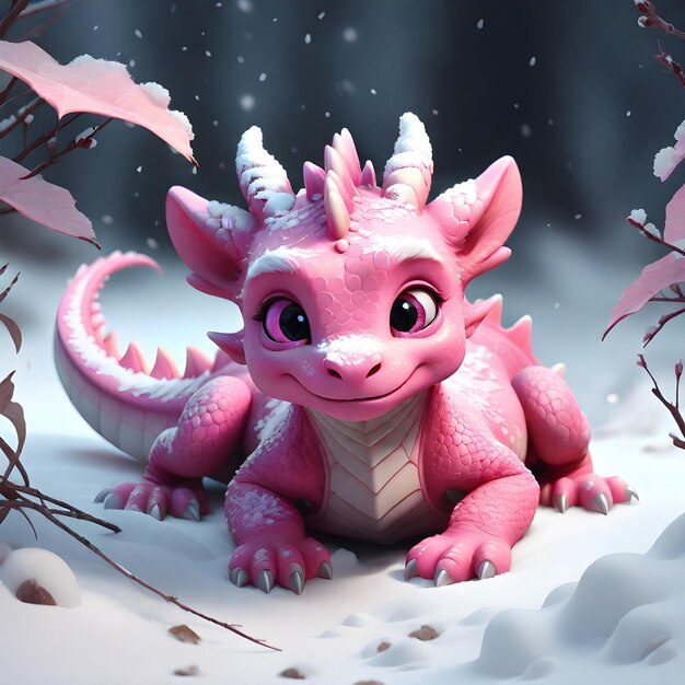 Foto um bonito filhote de dragão rosa deitado na neve uma pintura digital adorável animal de sonho