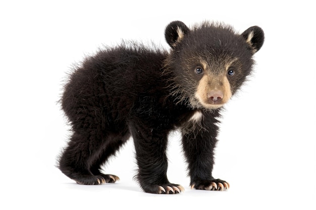 Um bonito filhote de urso Tian Shan com garras brancas em um fundo branco