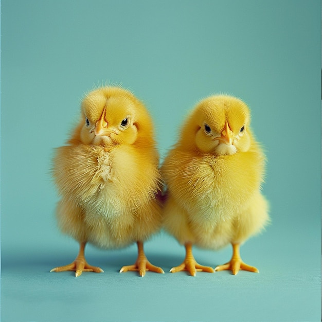 Um bonito frango amarelo fofinho em um fundo azul