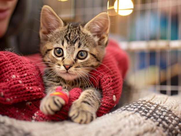 Foto um bonito gatinho está sendo segurado nos braços de alguém.