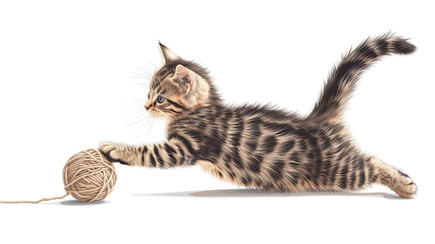 Foto um bonito gatinho tabby brincando com uma bola de fio o gatinho está deitado de lado e tem uma pata na bola de fios