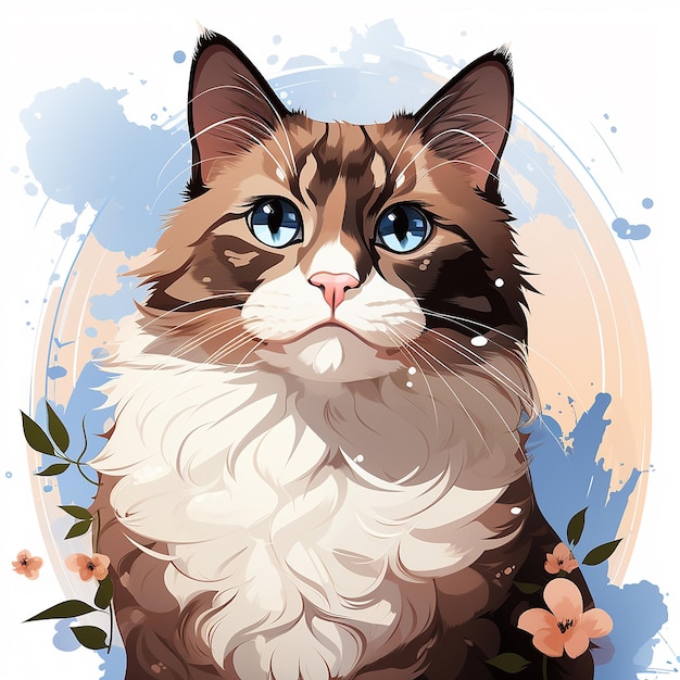 Foto um bonito gato castanho bicolor ragdoll ghibliflat textura estilo de desenho animado fundo transparenteflat