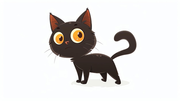 Um bonito gato preto de desenho animado com grandes olhos laranja está de pé em um fundo branco O gato está olhando para algo com uma expressão curiosa