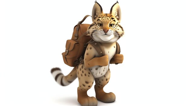 Foto um bonito gato serval de desenho animado vestindo uma mochila de couro castanho o serval está de pé em suas patas traseiras e tem uma expressão amigável em seu rosto